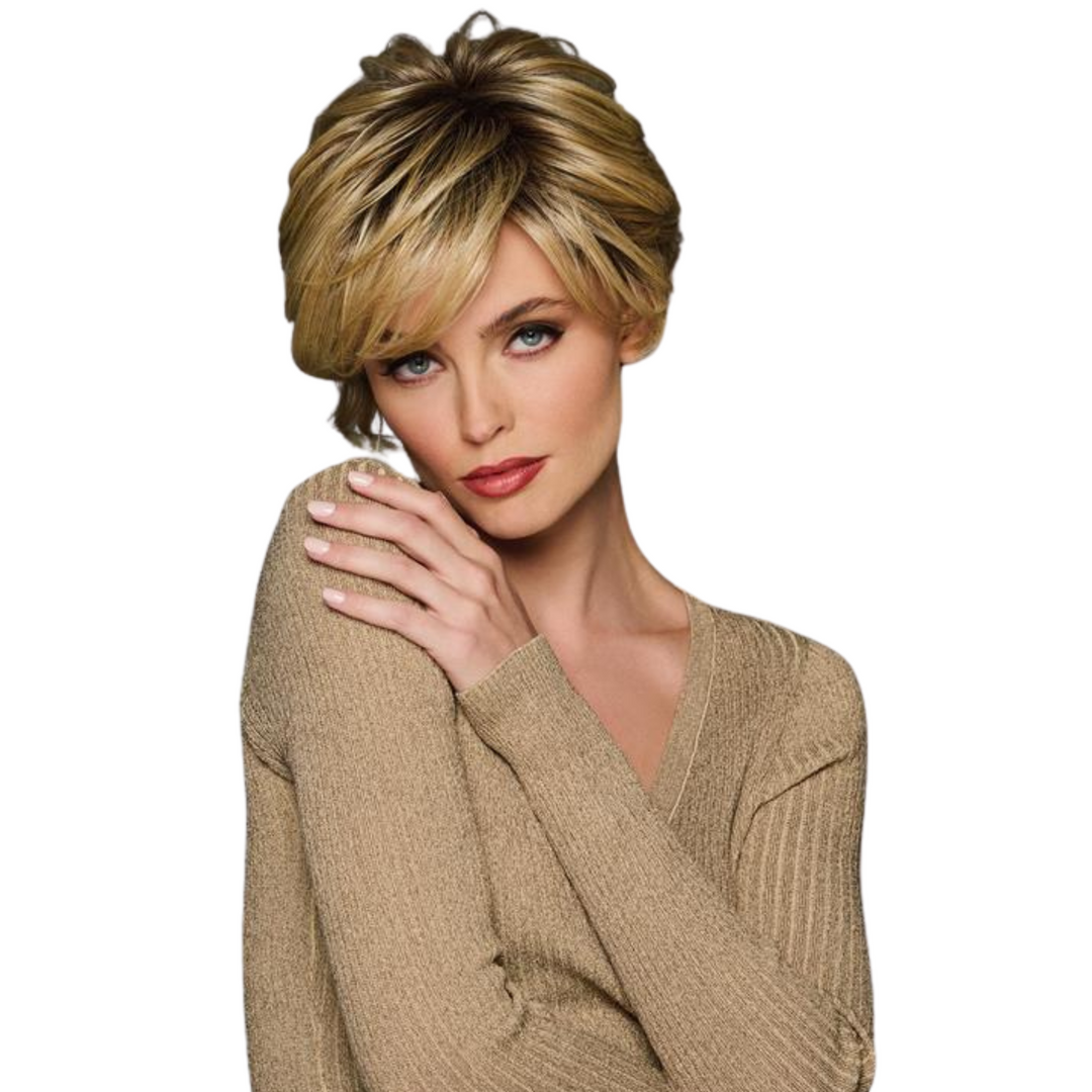 Perruque Courte ELISA - Blond Clair Mèches Cuivrées Et Chocolat, Synthétique, Taille Moyenne
